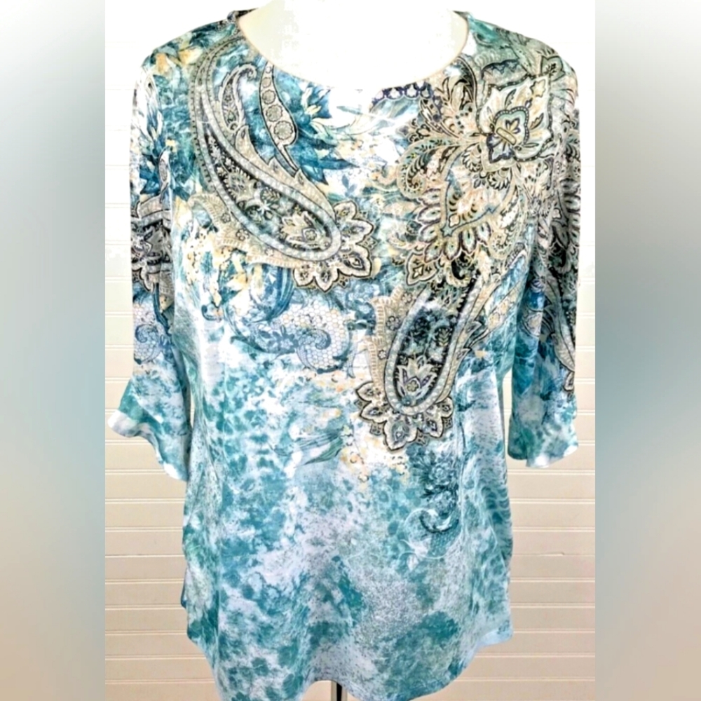Time & Tru Blue Paisley Top Shirt  Large 3/4 Sleeve Bling Stretch